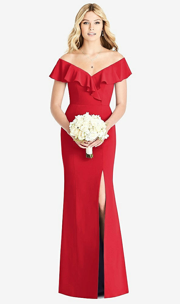 Front View - Parisian Red Off-the-Shoulder Draped Ruffle Faux Wrap Trumpet Gown