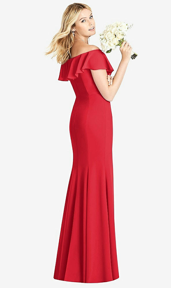 Back View - Parisian Red Off-the-Shoulder Draped Ruffle Faux Wrap Trumpet Gown