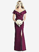 Front View Thumbnail - Ruby Off-the-Shoulder Draped Ruffle Faux Wrap Trumpet Gown