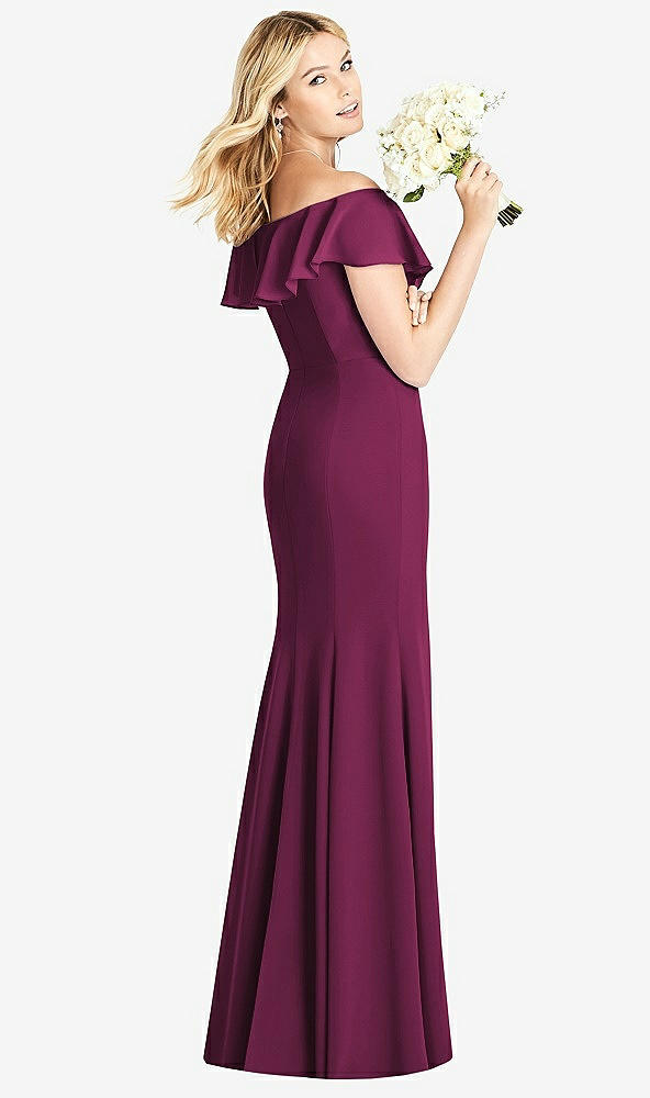 Back View - Ruby Off-the-Shoulder Draped Ruffle Faux Wrap Trumpet Gown