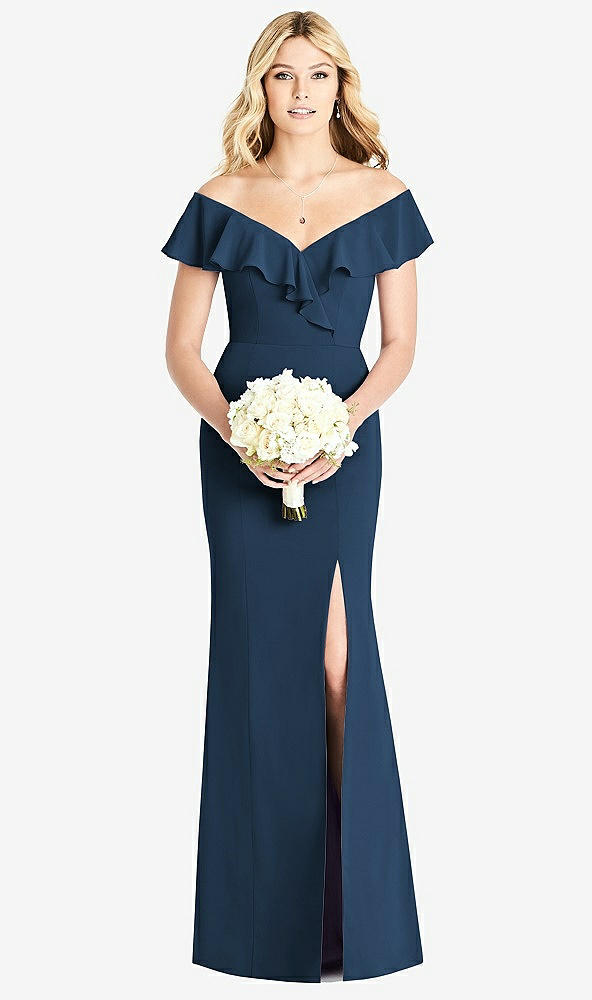 Front View - Sofia Blue Off-the-Shoulder Draped Ruffle Faux Wrap Trumpet Gown