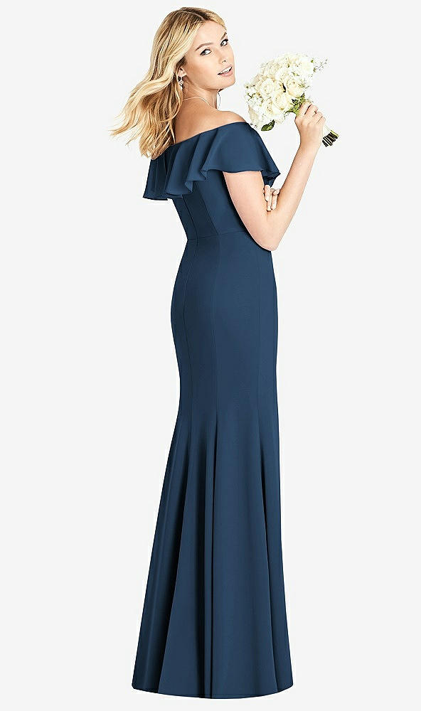Back View - Sofia Blue Off-the-Shoulder Draped Ruffle Faux Wrap Trumpet Gown