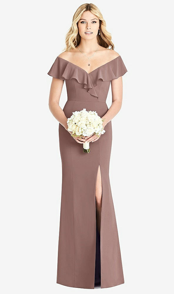 Front View - Sienna Off-the-Shoulder Draped Ruffle Faux Wrap Trumpet Gown