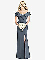 Front View Thumbnail - Silverstone Off-the-Shoulder Draped Ruffle Faux Wrap Trumpet Gown