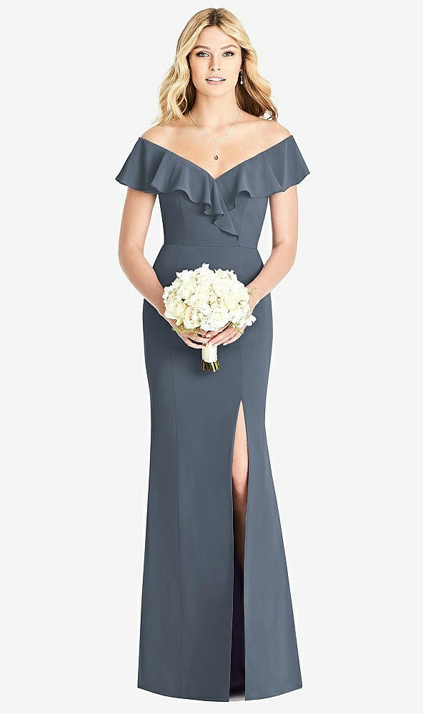 Front View - Silverstone Off-the-Shoulder Draped Ruffle Faux Wrap Trumpet Gown