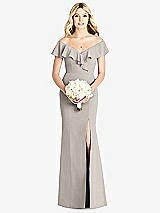 Front View Thumbnail - Taupe Off-the-Shoulder Draped Ruffle Faux Wrap Trumpet Gown