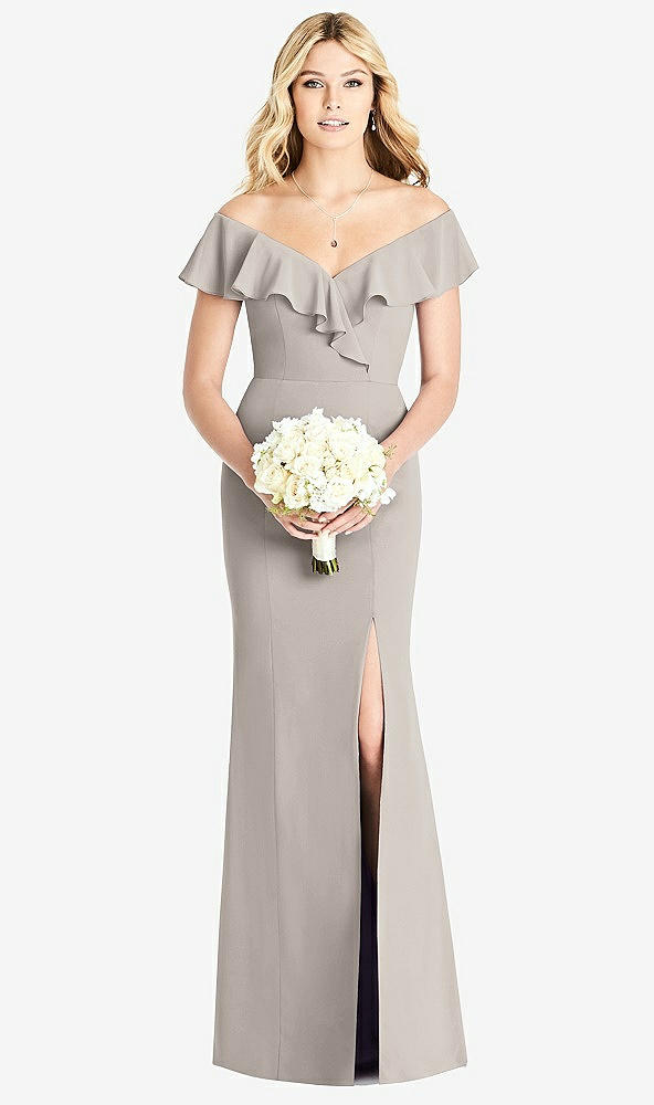Front View - Taupe Off-the-Shoulder Draped Ruffle Faux Wrap Trumpet Gown