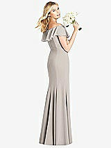 Rear View Thumbnail - Taupe Off-the-Shoulder Draped Ruffle Faux Wrap Trumpet Gown