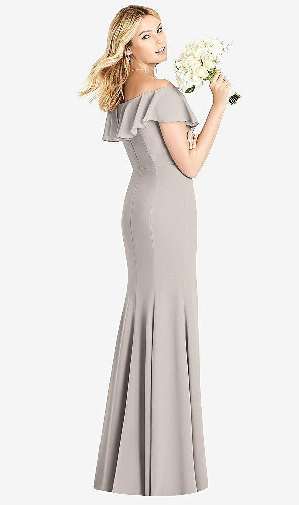 Back View - Taupe Off-the-Shoulder Draped Ruffle Faux Wrap Trumpet Gown