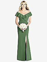 Front View Thumbnail - Vineyard Green Off-the-Shoulder Draped Ruffle Faux Wrap Trumpet Gown