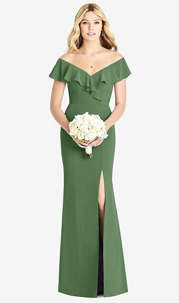 Front View - Vineyard Green Off-the-Shoulder Draped Ruffle Faux Wrap Trumpet Gown