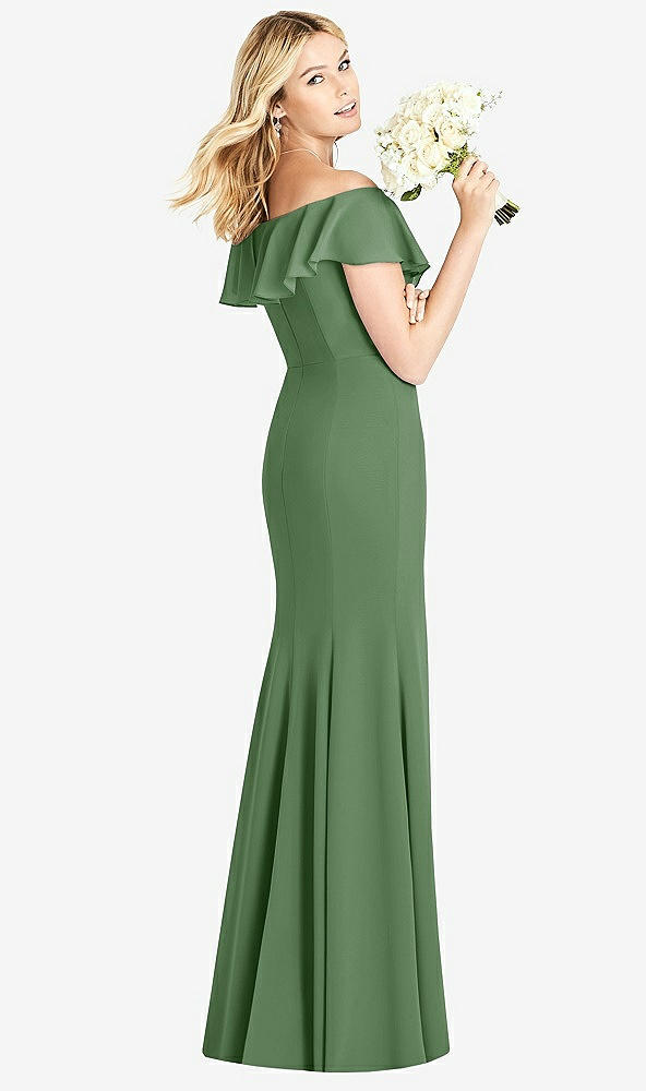 Back View - Vineyard Green Off-the-Shoulder Draped Ruffle Faux Wrap Trumpet Gown