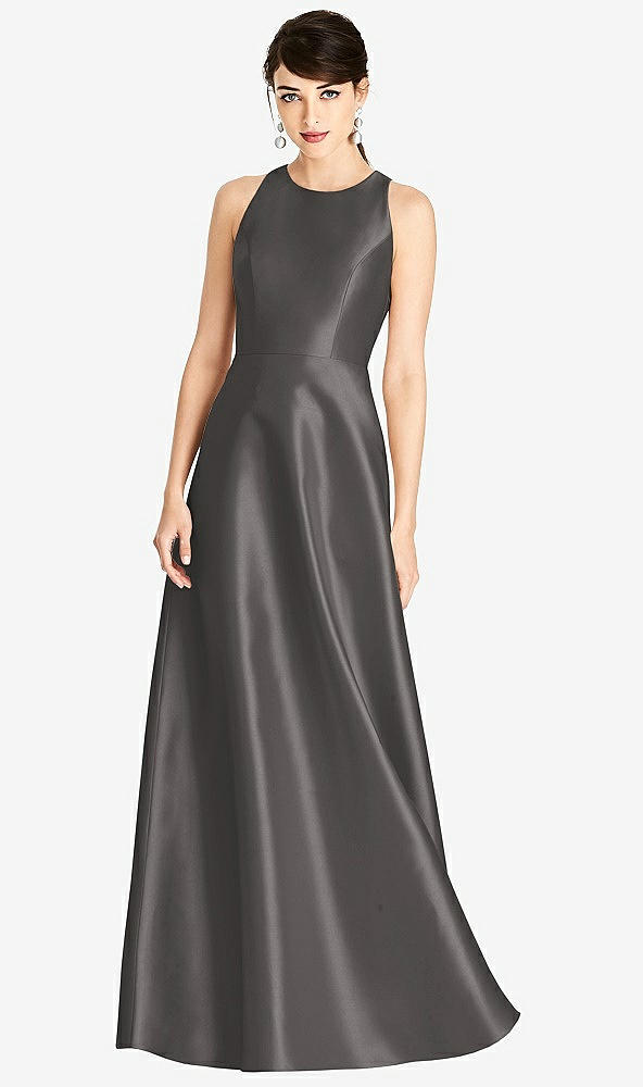 Front View - Caviar Gray Sleeveless Open-Back Satin A-Line Dress