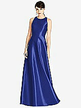 Front View Thumbnail - Cobalt Blue Sleeveless Open-Back Satin A-Line Dress
