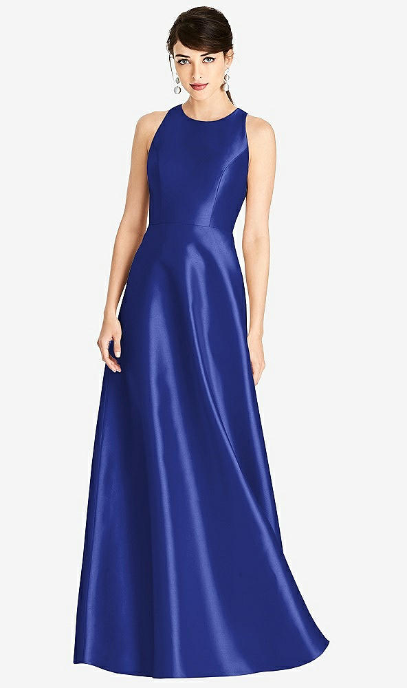 Front View - Cobalt Blue Sleeveless Open-Back Satin A-Line Dress
