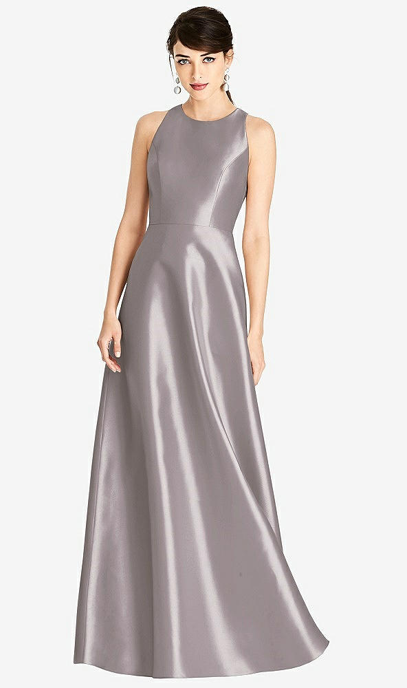 Front View - Cashmere Gray Sleeveless Open-Back Satin A-Line Dress