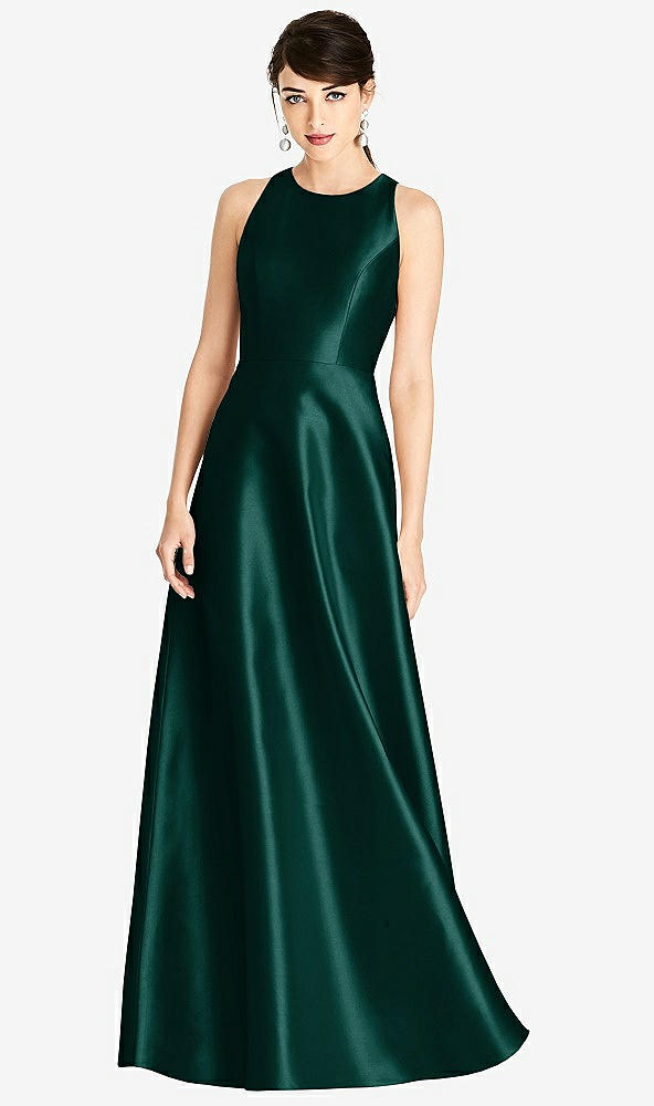 Front View - Evergreen Sleeveless Open-Back Satin A-Line Dress