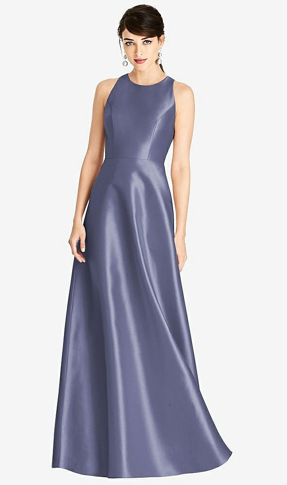 Front View - French Blue Sleeveless Open-Back Satin A-Line Dress
