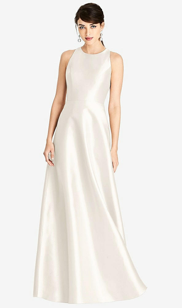 Front View - Ivory Sleeveless Open-Back Satin A-Line Dress