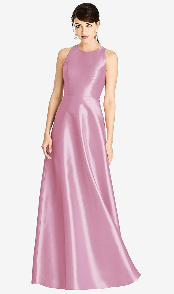 Front View - Powder Pink Sleeveless Open-Back Satin A-Line Dress
