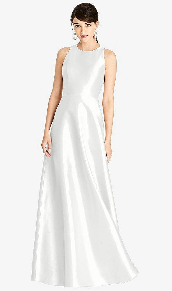 Front View - White Sleeveless Open-Back Satin A-Line Dress
