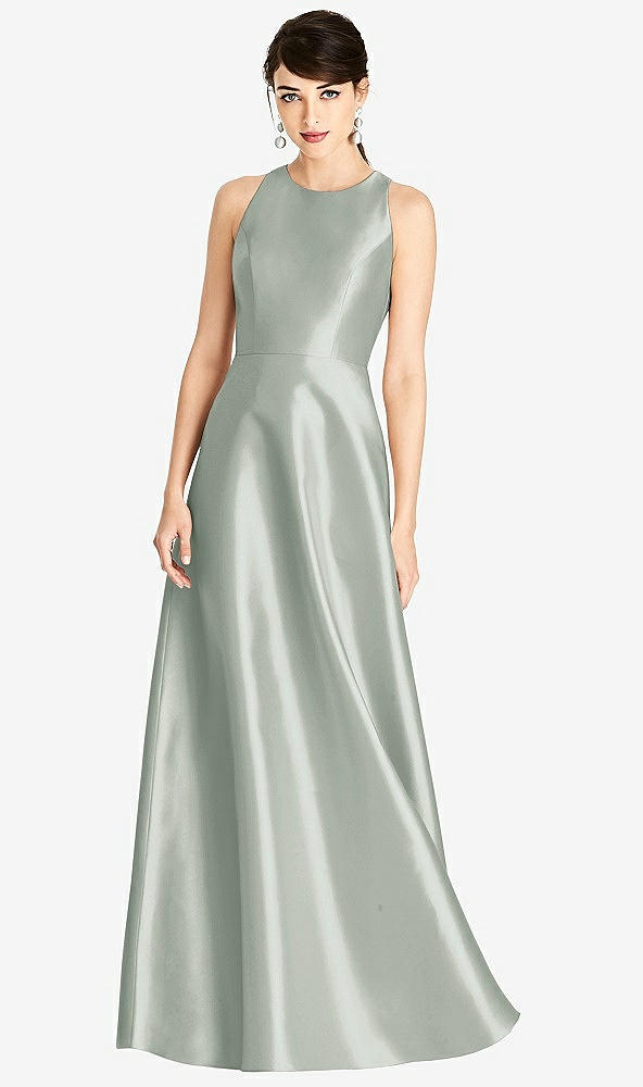 Front View - Willow Green Sleeveless Open-Back Satin A-Line Dress