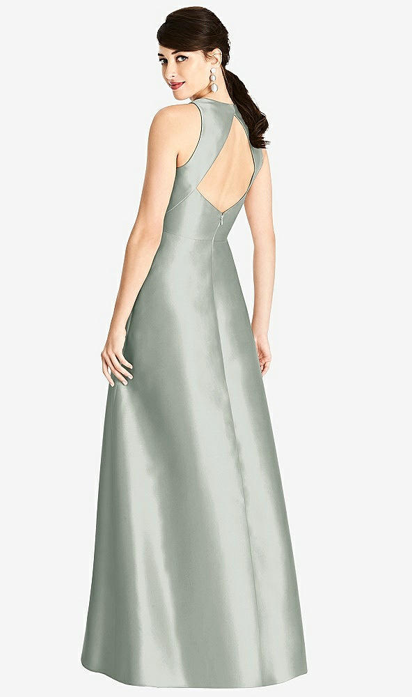 Back View - Willow Green Sleeveless Open-Back Satin A-Line Dress