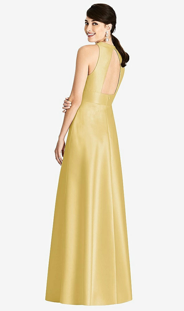 Back View - Maize Sleeveless Open-Back Pleated Skirt Dress with Pockets