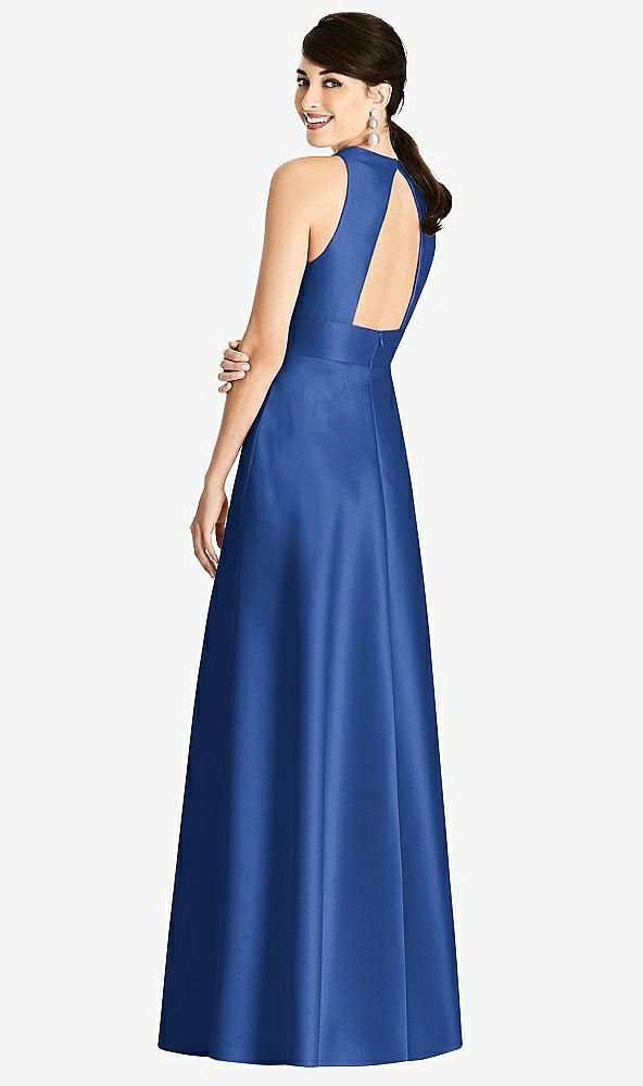 Back View - Classic Blue Sleeveless Open-Back Pleated Skirt Dress with Pockets