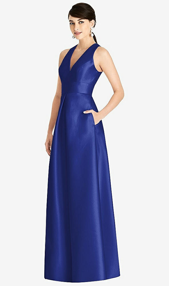 Front View - Cobalt Blue Sleeveless Open-Back Pleated Skirt Dress with Pockets
