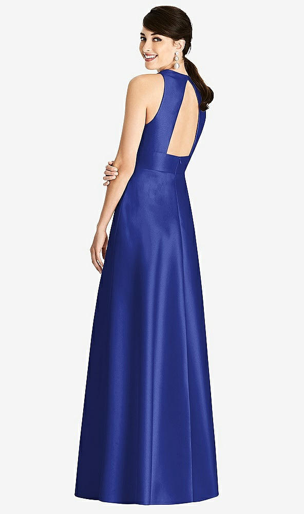 Back View - Cobalt Blue Sleeveless Open-Back Pleated Skirt Dress with Pockets