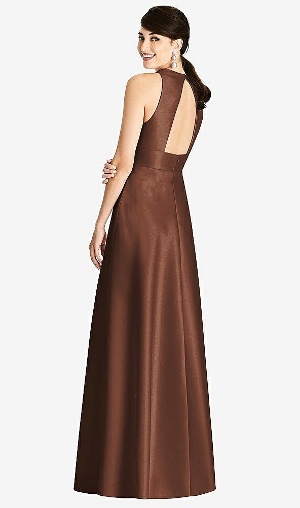 Back View - Cognac Sleeveless Open-Back Pleated Skirt Dress with Pockets