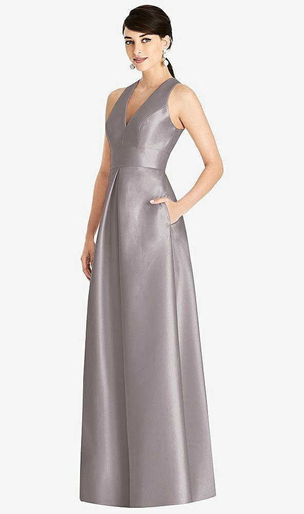 Front View - Cashmere Gray Sleeveless Open-Back Pleated Skirt Dress with Pockets