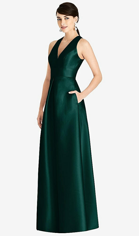 Front View - Evergreen Sleeveless Open-Back Pleated Skirt Dress with Pockets