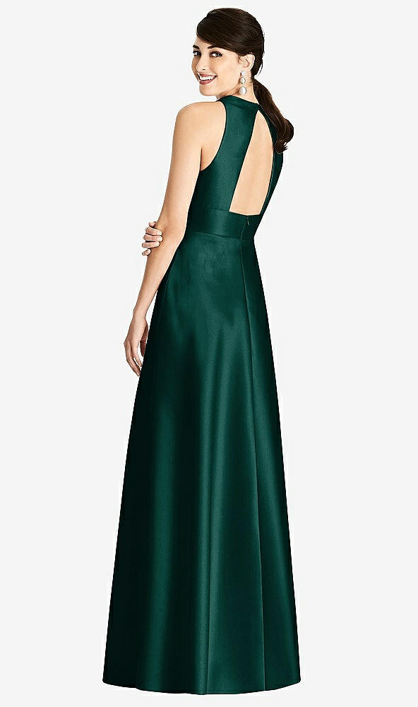 Back View - Evergreen Sleeveless Open-Back Pleated Skirt Dress with Pockets