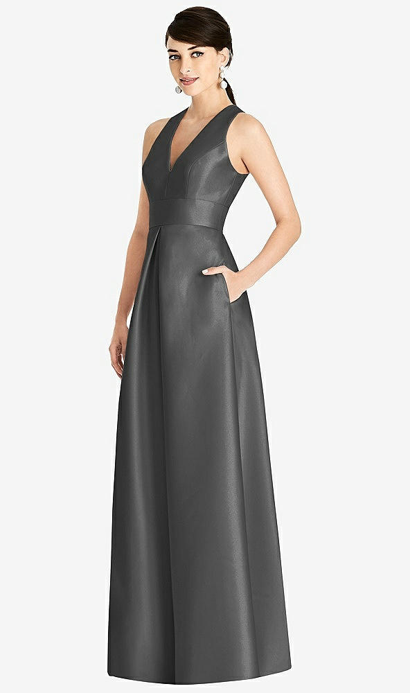 Front View - Gunmetal Sleeveless Open-Back Pleated Skirt Dress with Pockets