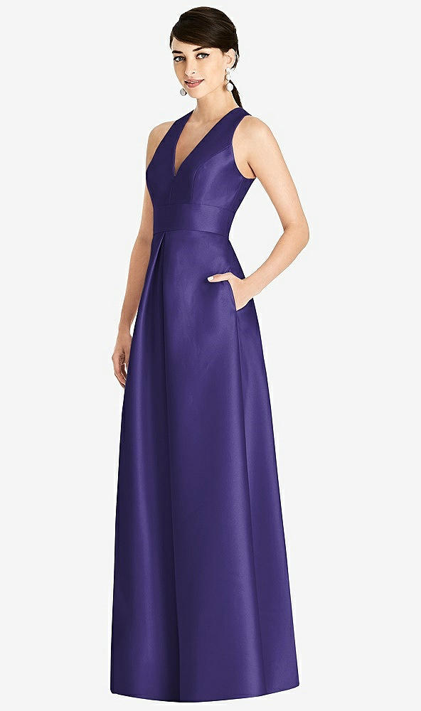 Front View - Grape Sleeveless Open-Back Pleated Skirt Dress with Pockets