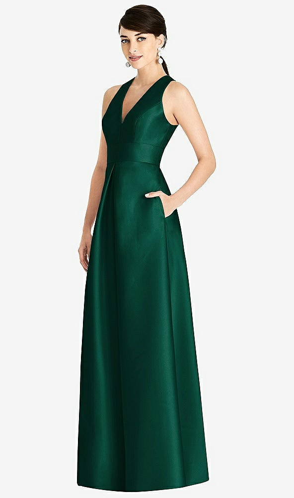 Front View - Hunter Green Sleeveless Open-Back Pleated Skirt Dress with Pockets