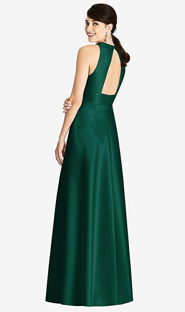 Back View - Hunter Green Sleeveless Open-Back Pleated Skirt Dress with Pockets