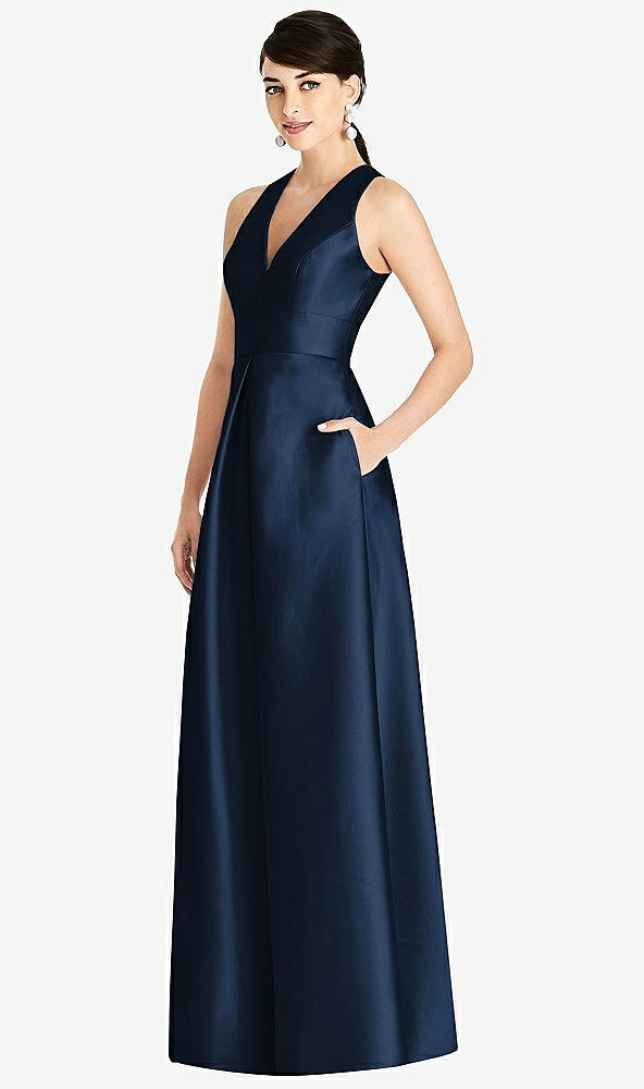 Front View - Midnight Navy Sleeveless Open-Back Pleated Skirt Dress with Pockets