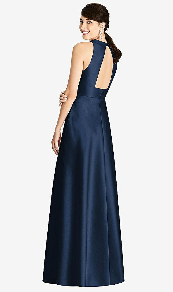 Back View - Midnight Navy Sleeveless Open-Back Pleated Skirt Dress with Pockets