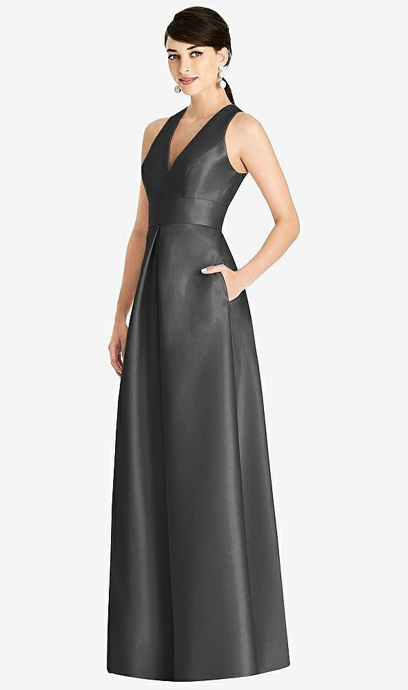 Front View - Pewter Sleeveless Open-Back Pleated Skirt Dress with Pockets