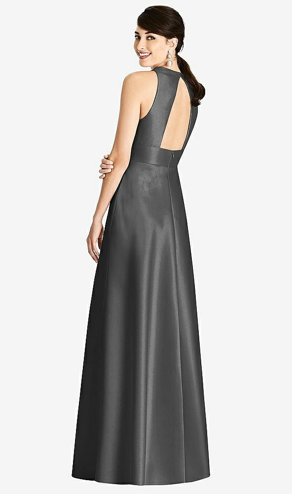 Back View - Pewter Sleeveless Open-Back Pleated Skirt Dress with Pockets
