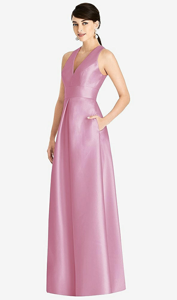 Front View - Powder Pink Sleeveless Open-Back Pleated Skirt Dress with Pockets