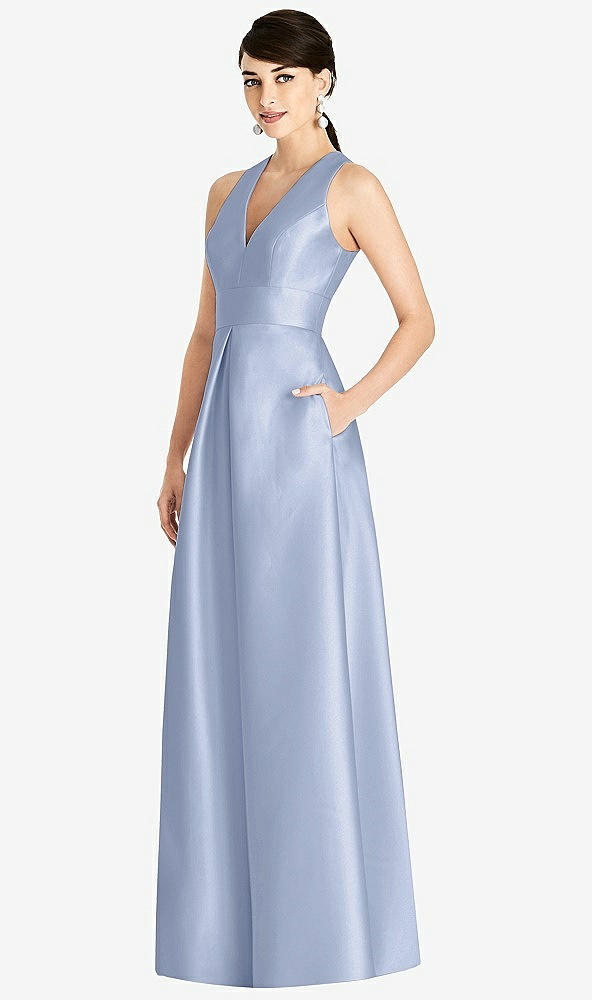 Front View - Sky Blue Sleeveless Open-Back Pleated Skirt Dress with Pockets