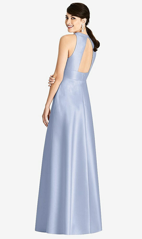 Back View - Sky Blue Sleeveless Open-Back Pleated Skirt Dress with Pockets