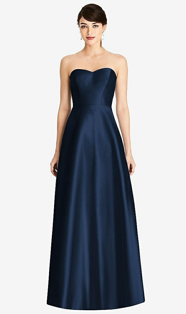 Front View - Midnight Navy & Midnight Navy Strapless A-Line Satin Dress with Pockets