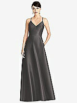Front View Thumbnail - Caviar Gray V-Neck Full Skirt Satin Maxi Dress