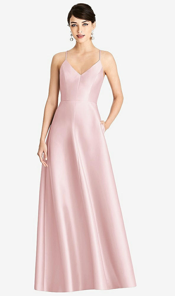 Front View - Ballet Pink V-Neck Full Skirt Satin Maxi Dress