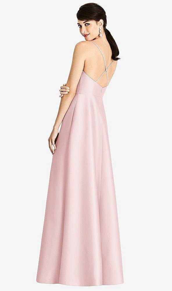 Back View - Ballet Pink V-Neck Full Skirt Satin Maxi Dress